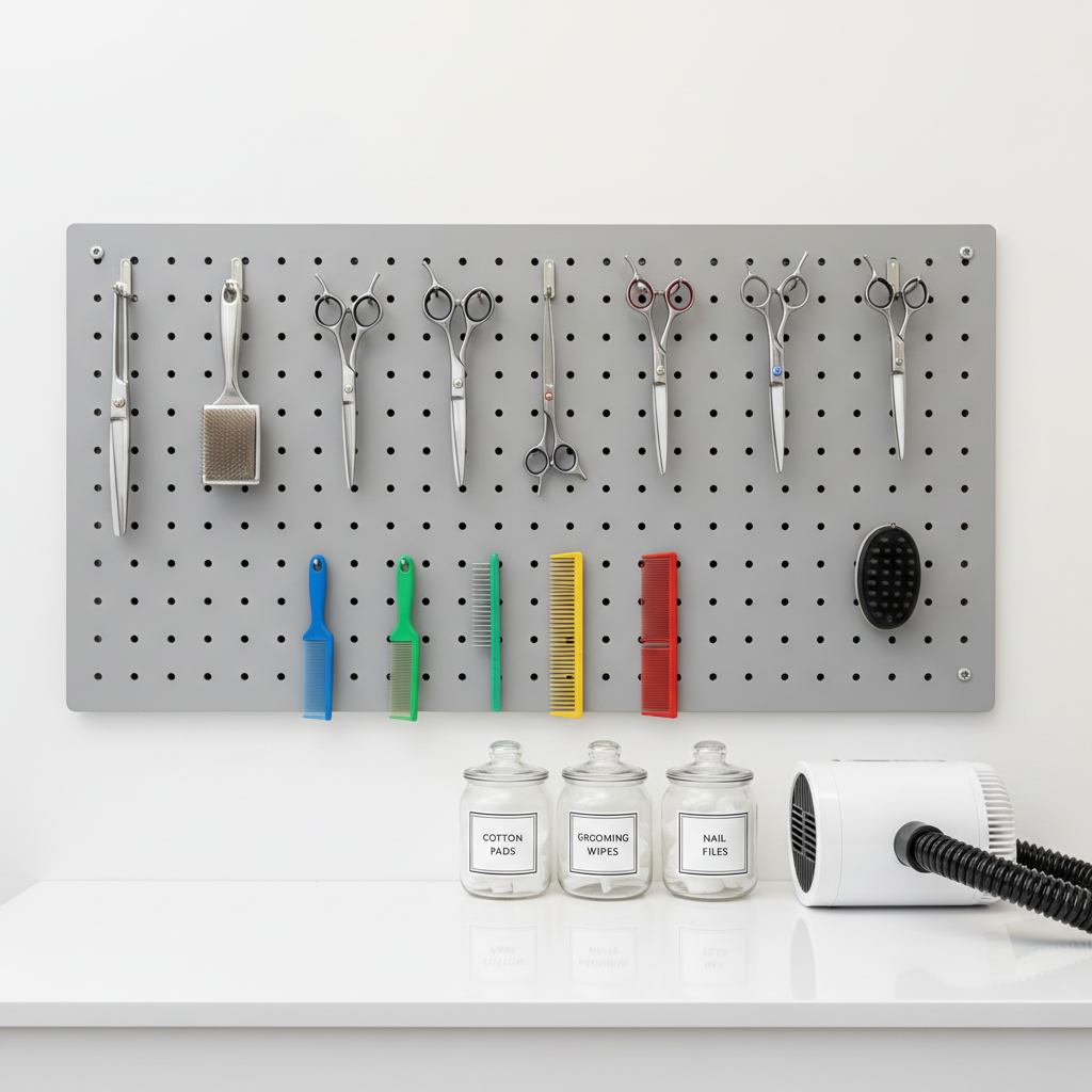A well-stocked grooming station featuring a wall-mounted pegboard in soft dove gray, neatly holding stainless-steel scissors, a slicker brush with fine metal pins, a rubber curry brush, and a row of color-coded grooming combs. Below, a smooth white counter displays labeled glass jars of cotton pads, grooming wipes, and nail files alongside a compact dryer with a matte white finish. Bright, even studio lighting from overhead and slightly frontal angles eliminates harsh shadows, giving everything a crisp, hygienic look. Captured straight-on with symmetrical framing and photographic realism, the scene feels organized, efficient, and professional, perfectly representing a high-quality pet grooming environment.