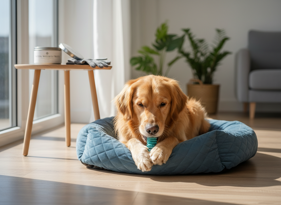 A content golden retriever lying on a plush, slate-blue pet bed with a quilted texture, coat brushed to a healthy shine, gently chewing a durable teal rubber toy. The dog is positioned in a bright, modern living room with a low, light-wood side table holding an open tin of natural treats and a neatly folded grooming glove. Soft afternoon sunlight enters from a large window, casting warm, elongated shadows and a subtle glow on the dog’s fur. Captured at eye level with a shallow depth of field, the background fades into a soft blur, emphasizing the pet’s relaxed expression. The photographic realism and clean, modern aesthetic convey comfort, wellness, and stress-free everyday care.