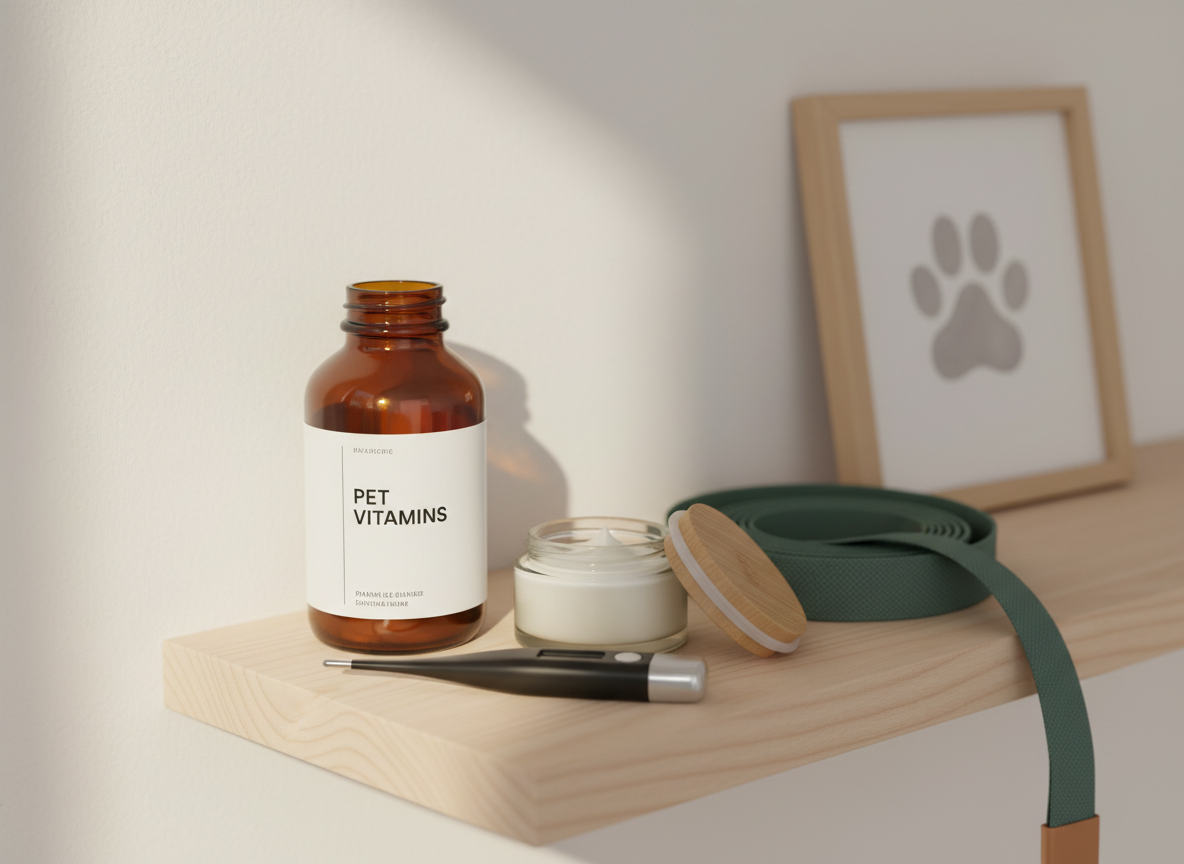 A tidy pet health corner featuring a medium-sized, amber glass bottle of pet vitamins with a clean white label, a digital thermometer, a small jar of paw balm with its lid off revealing a smooth, creamy surface, and a neatly coiled fabric leash in muted forest green. These items sit on a pale birch shelf against a soft, warm white wall, with a subtle framed illustration of a paw print blurred in the background. Gentle morning light filters in from the left, casting delicate shadows and giving the glass a soft glow. Captured at a three-quarter angle with a moderate depth of field, the photographic realism and minimalist composition communicate reliability, safety, and thoughtful pet health care.