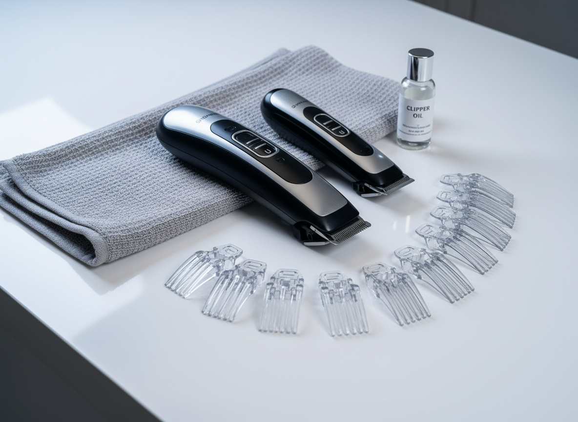 A close-up of a sleek, electronic pet grooming kit laid out on a smooth white countertop: cordless clippers with a matte black and silver finish, a precision trimmer, interchangeable comb attachments arranged by size, and a small bottle of clipper oil. Each tool is meticulously aligned on a folded, light gray microfiber towel, with a subtle reflection on the countertop surface. Cool, even studio lighting from above and slightly to the side creates crisp, professional highlights and soft edge shadows, emphasizing quality materials and craftsmanship. Shot from a slightly elevated angle with sharp focus throughout, the composition feels clinical yet inviting, embodying a professional, high-end photographic style perfect for showcasing advanced grooming solutions.