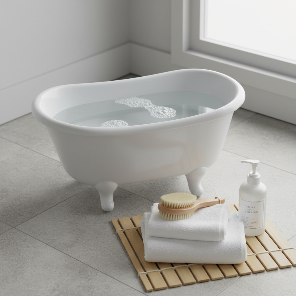 A serene pet bath scene with a pristine white ceramic pet bathtub set on a light gray stone-tile floor, filled partway with crystal-clear water and a few tiny bubbles along the rim. Nearby, a neatly folded stack of fluffy white towels, a natural wood-handled bristle brush, and a frosted pump bottle of gentle pet shampoo sit on a slatted bamboo bath mat. Soft, overcast window light washes the space in an even, calming glow, reducing harsh shadows and emphasizing cleanliness. Captured from a slightly elevated corner angle with sharp focus, the photographic realism and spa-like, minimalist setting convey a sense of soothing, stress-free grooming for pets.