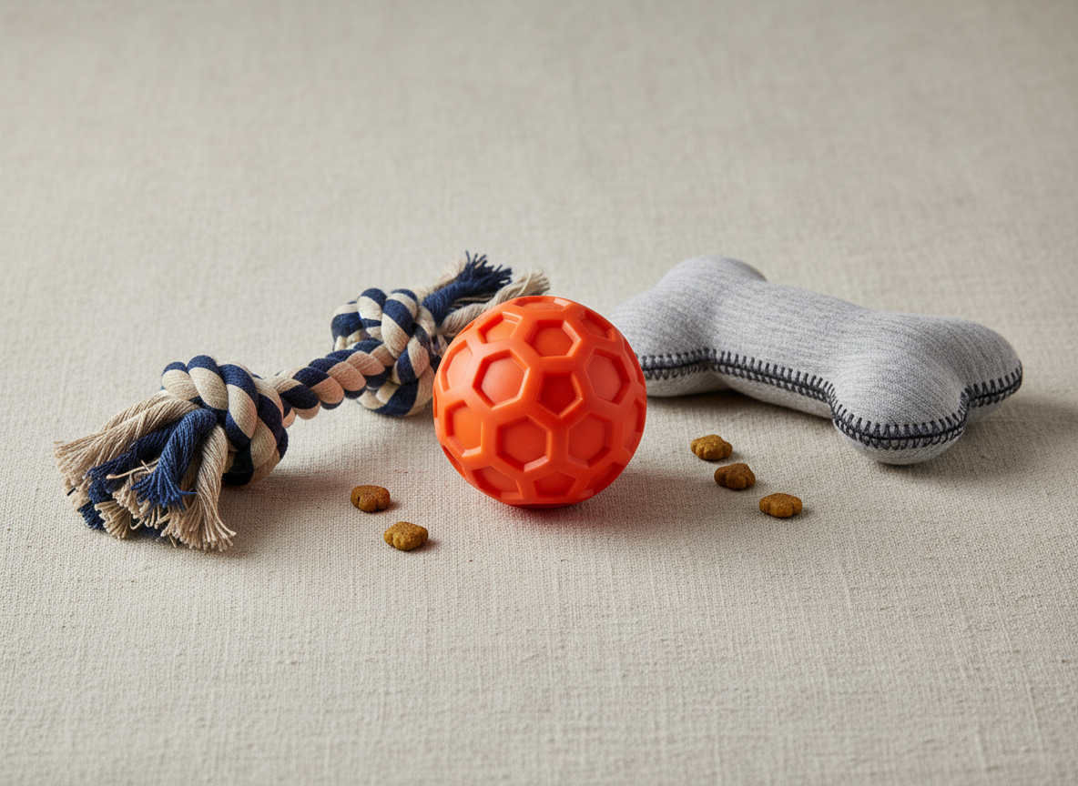 An engaging pet toy display on a neutral linen backdrop: a trio of durable toys including a braided cotton rope in natural beige and navy, a textured rubber ball in vibrant orange with raised nubs, and a plush squeaker bone in soft heather gray fabric with reinforced stitching. The toys are arranged in a gentle diagonal line with a few scattered, all-natural kibble pieces adding playful detail. Diffused studio lighting from above creates subtle shadows and brings out each texture, from the rope fibers to the rubber ridges. Shot from a slightly elevated angle with a shallow depth of field that softly blurs the edges, the photographic realism and clean, balanced composition evoke fun, durability, and premium quality.