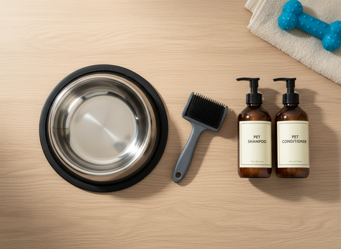 A well-organized pet care flat lay featuring a sleek stainless-steel dog bowl with a mirror finish, a soft charcoal gray grooming brush with silicone bristles, and neatly arranged amber-tinted bottles of pet shampoo and conditioner with minimalist labels. Everything rests on a clean, light oak tabletop with a subtle wood grain. Soft, diffused daylight from an unseen window creates gentle highlights on metallic surfaces and smooth shadows beneath each object. The background is slightly blurred with a folded cream-colored towel and a rubber chew toy visible, adding context without clutter. Shot from a true bird’s-eye view with photographic realism, the composition feels professional, calm, and trustworthy, ideal for a premium pet care brand.
